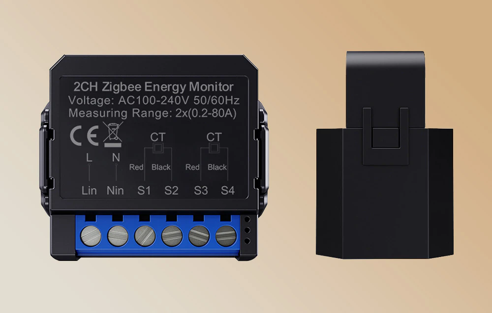 Contor de energie inteligent Zigbee bidirecțional și senzor CT pe fundal portocaliu