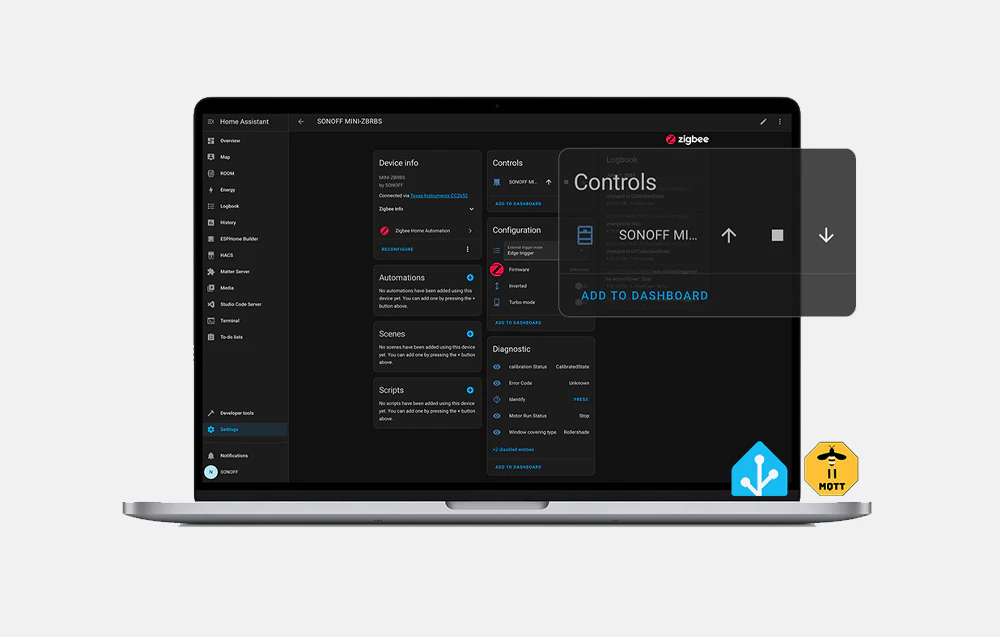 Laptop cu interfața Home Assistant care prezintă configurarea dispozitivului SONOFF MINI-ZBRBS și panoul de control