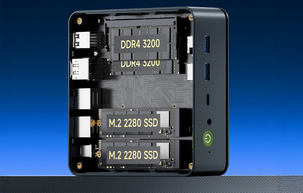 Interiorul mini PC-ului GMKtec cu memorie DDR4 3200 și două SSD-uri M.2 2280