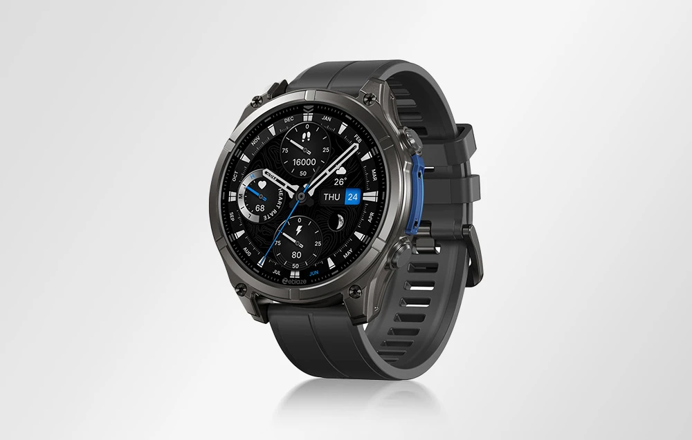Smartwatch cu cadran negru și plic gri amplasat frontal pe un fundal alb