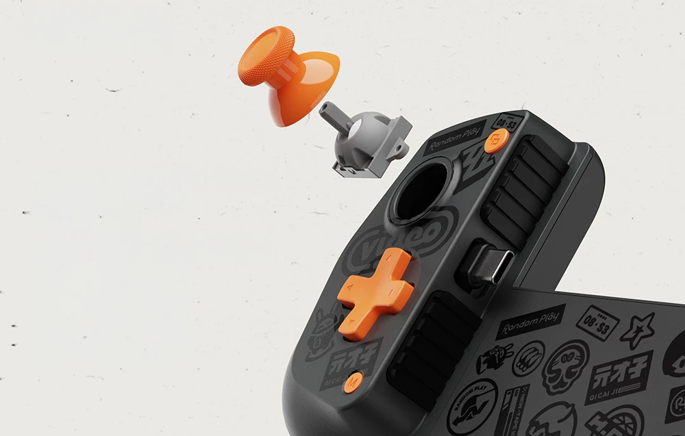 Vedere explodată a modulului joystick analogic deasupra carcasei controlerului pentru smartphone, cu mecanismul de montare expus
