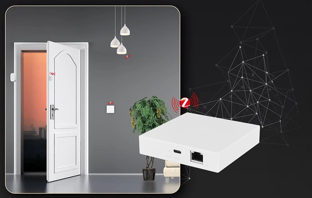 Un gateway care controlează senzorii de iluminat și de deschidere a ușilor într-un interior modern de apartament.