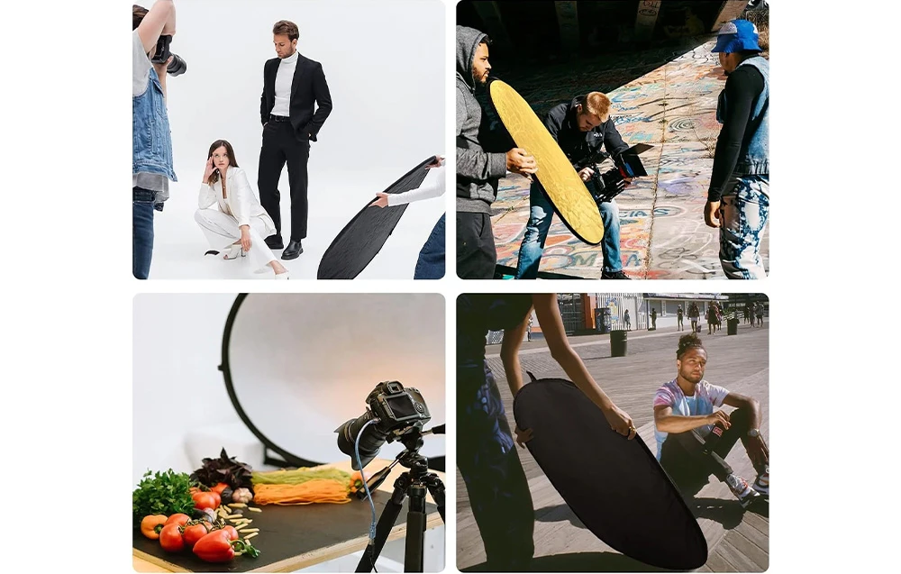 Un colaj de patru fotografii care arată utilizarea practică a reflectorului într-un studio, în aer liber și pentru fotografia de produs.