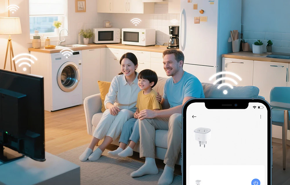 O familie zâmbitoare stă pe o canapea în bucătărie, înconjurată de pictograme Wi-Fi care indică controlul de la distanță al aparatelor prin intermediul unei aplicații vizibile pe un smartphone