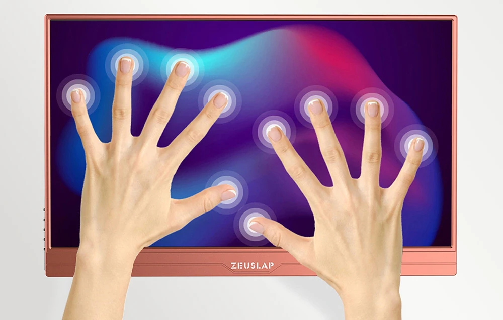 Mâini atingând ecranul ZEUSLAP, cu punctele multi-touch evidențiate