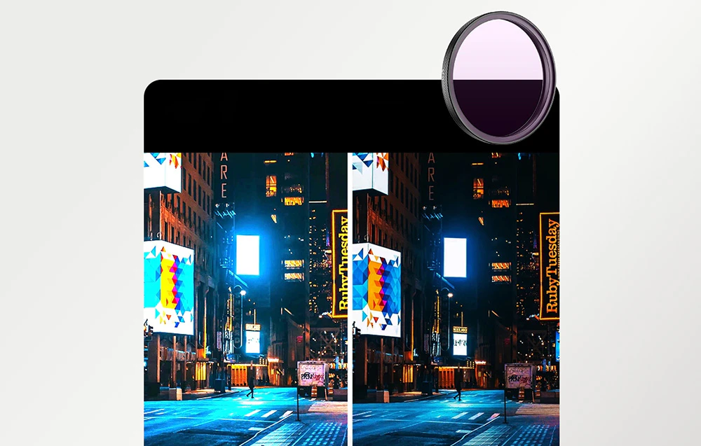 Comparație între o fotografie a unui oraș noaptea fără filtru și cu un filtru gradient care reduce intensitatea luminilor puternice