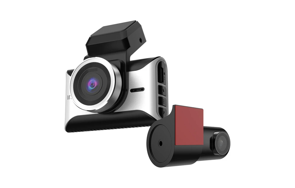 Cameră auto argintiu-negru cu un obiectiv mare și o cameră spate mai mică, neagră, cu o curea de montare roșie