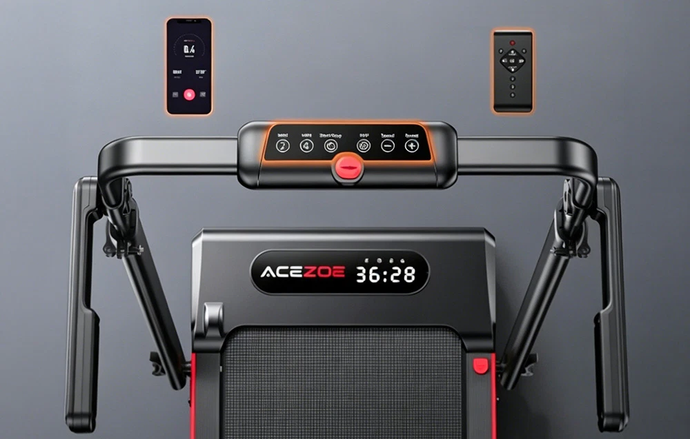 Bandă de alergare ACEZOE neagră cu un smartphone și o telecomandă vizibile deasupra acesteia