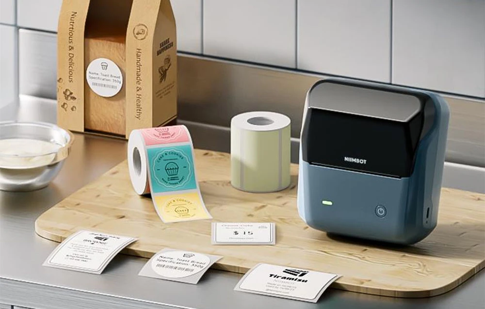 Blue NIIMBOT printer on kitchen counter next to rolls of labels and paper packages with printed stickers