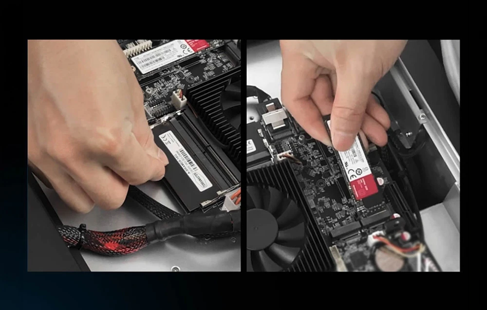 Două fotografii care ilustrează instalarea memoriei RAM și a unui SSD M.2 în interiorul dispozitivului