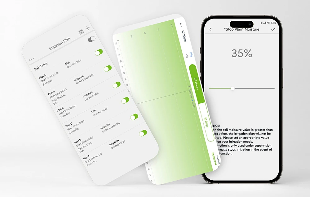 Interfața aplicației mobile pentru gestionarea programului de irigare și a umidității solului