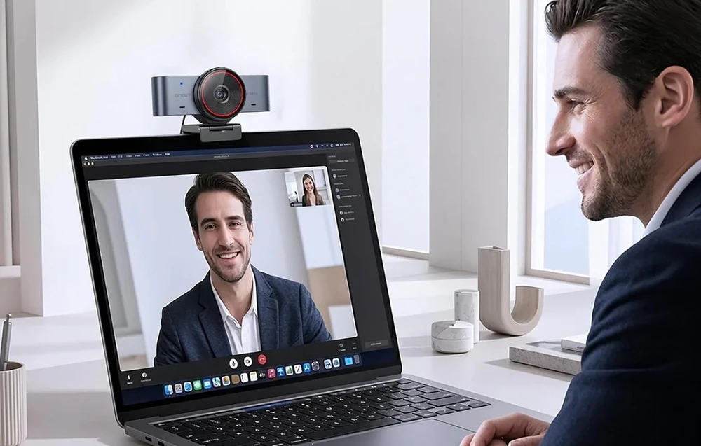 Un bărbat zâmbitor care desfășoară o videoconferință pe un laptop pe care este montată o cameră web EMEET