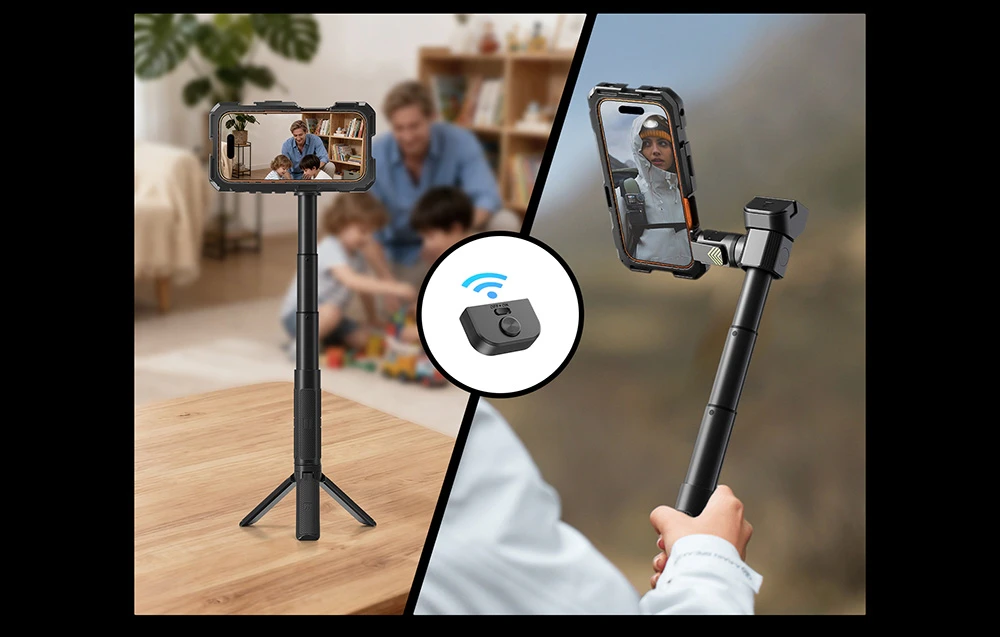 Comparație: baston pentru selfie/trepied cu telecomandă în interior și suport portabil cu telefon în exterior