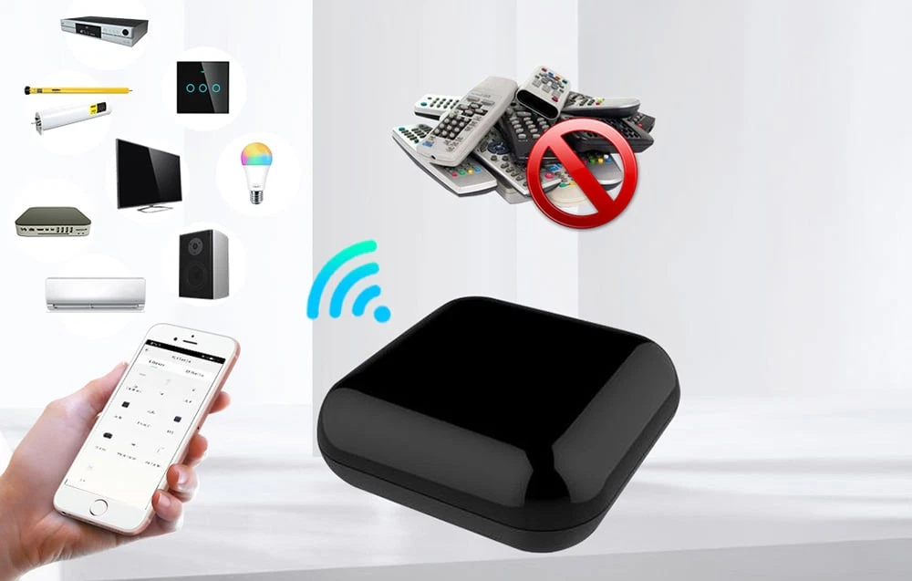 Un cub de control negru lângă o stivă de telecomenzi tăiate cu o linie și un smartphone cu pictograme ale aparatelor electronice de uz casnic