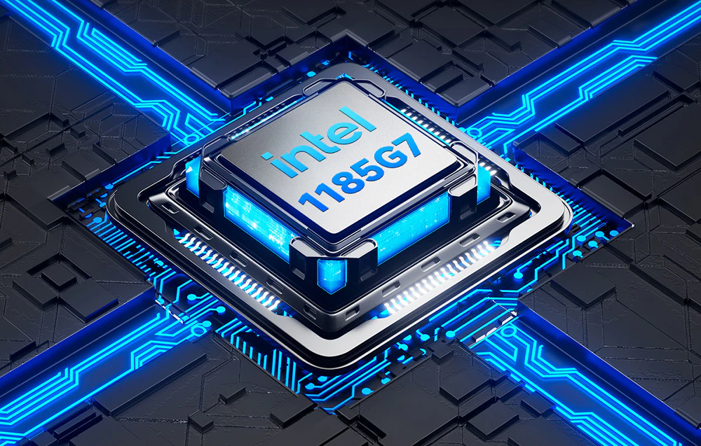 Procesor Intel 1185G7 cu retroiluminare albastră, montat pe o placă de bază stilizată