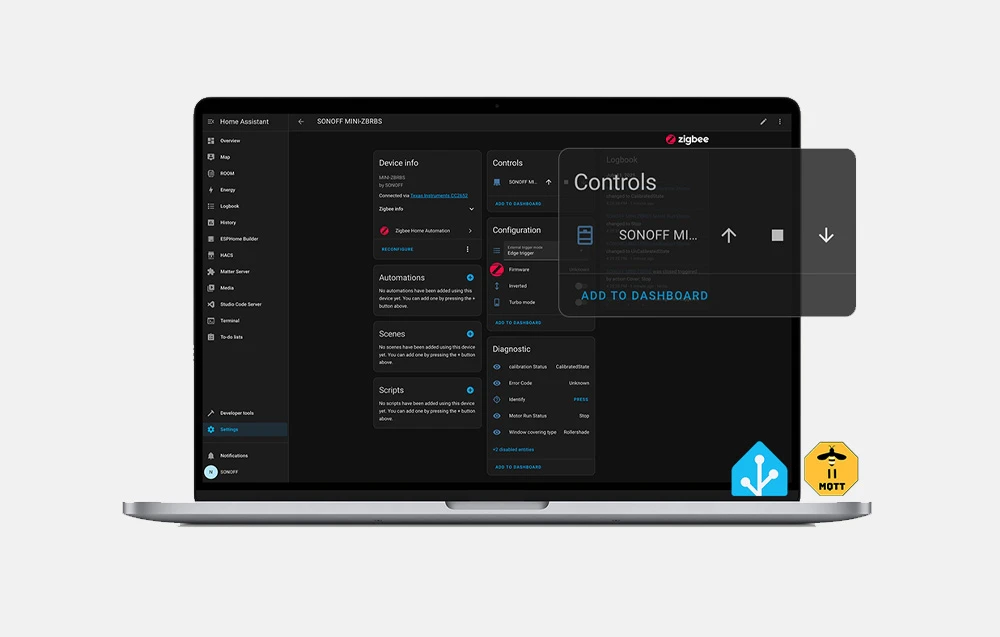 Laptop cu interfața Home Assistant care prezintă configurarea dispozitivului SONOFF MINI-ZBRBS și panoul de control