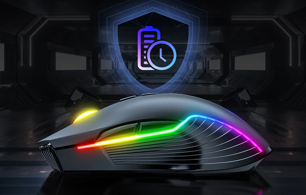 Mouse de gaming fără fir Onikuma CW905 sub pictogramele nivelului de încărcare a bateriei și ceasului.