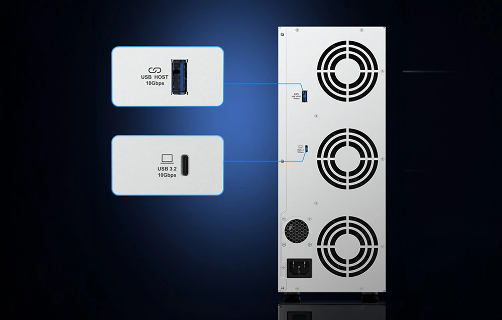 Panoul din spate al carcasei cu nouă compartimente, cu trei ventilatoare și porturi USB Host de 10 Gb/s și USB 3.2 de 10 Gb/s