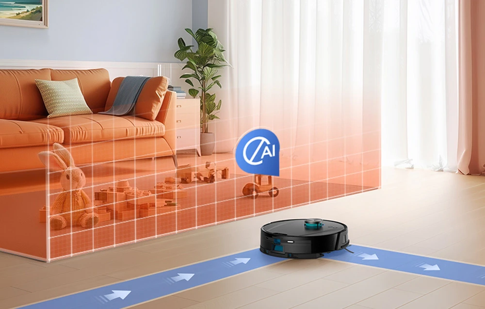 Robotul aspirator Ultenic navigând în jurul unui perete virtual generat de IA, amplasat în jurul jucăriilor copiilor din sufragerie