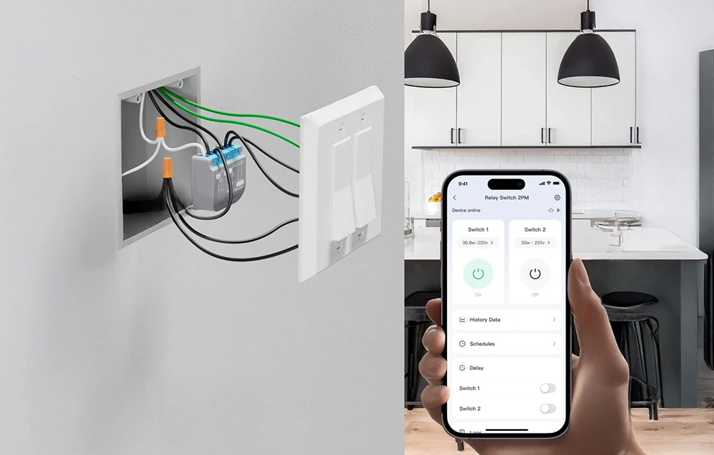 Instalare SwitchBot în perete cu vedere a cablajului și a aplicației mobile pentru a controla două întrerupătoare