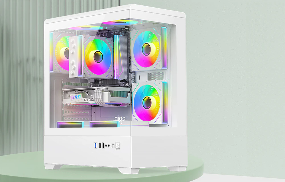 Carcasă albă pentru computer cu ventilatoare RGB într-un cadru verde