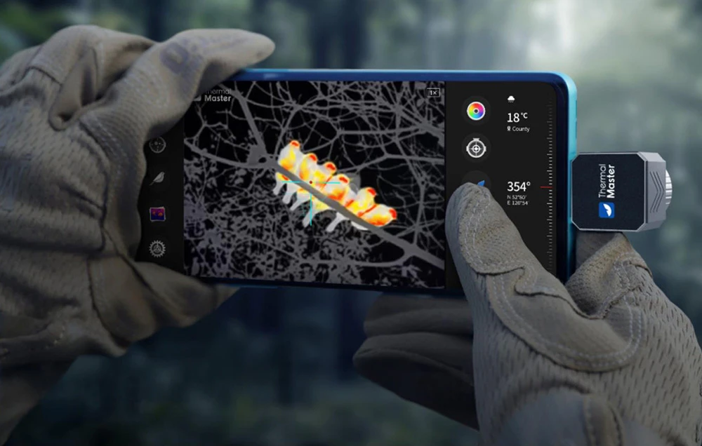Ecranul unui telefon cu cameră termică afișează o imagine termică color a unei omizi ascunse în ramuri.