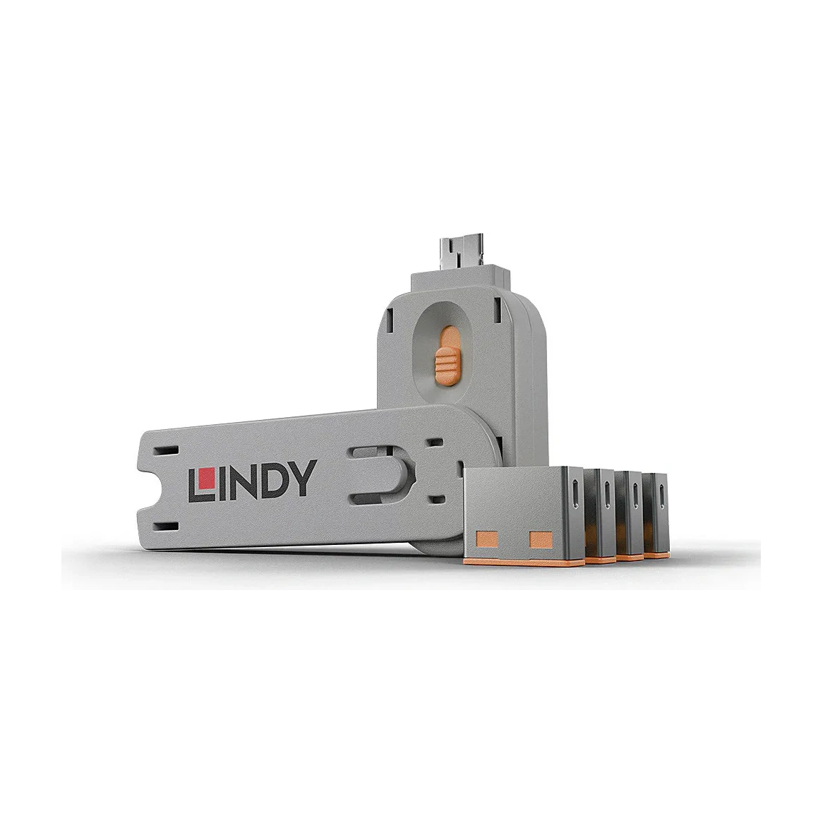 Lindy USB Port Blocker - Pack of 4 Colour Code: Orange, Port blocker + key, USB Type-A, Orange, Acrylonitrile butadiene styrene (ABS), 5 pc(s), Polybag