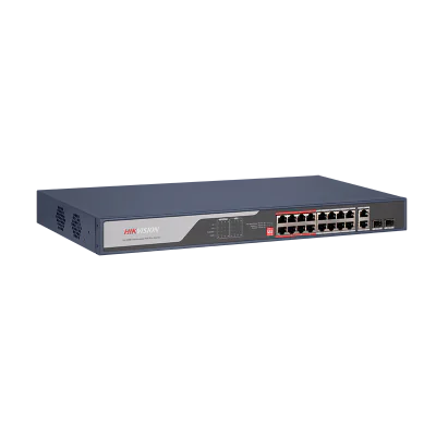 16 Port Fast Ethernet Unmanaged POE Switch Hikvision DS-3E0318P-E(C) Intelligent PoE management. Up to 300 m long range PoE transmission. Port isolation to improve network security. 6 KV surge protection to improve reliability in harsh environment. P