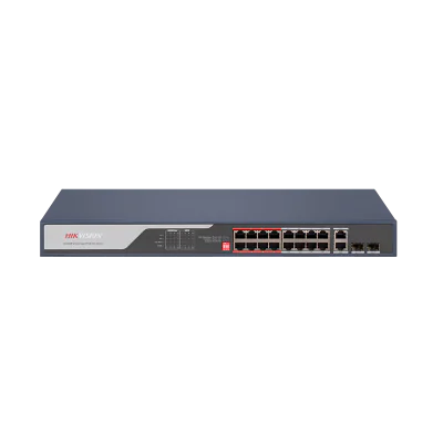 16 Port Fast Ethernet Unmanaged POE Switch Hikvision DS-3E0318P-E(C) Intelligent PoE management. Up to 300 m long range PoE transmission. Port isolation to improve network security. 6 KV surge protection to improve reliability in harsh environment. P