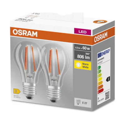 2 Becuri LED Osram Base Classic A, E27, 6.5W (60W), 806 lm, lumina calda(2700K), cu filament