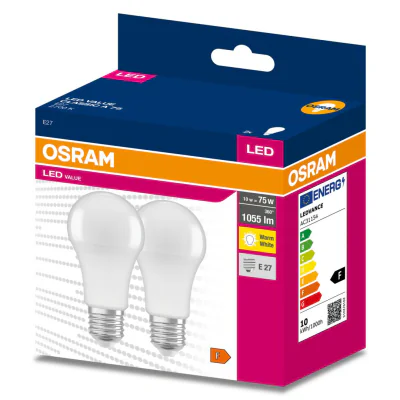 2 Becuri LED Osram Value Classic A, E27, 10W (75W), 1055 lm, luminacalda(2700K)