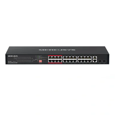 24-Port 10/100Mbps + 2-Port Gigabit Rackmount Switch with 24-Port PoE+ PORT: 24× 10/100Mbps PoE+ Ports,  2× Gigabit Non-PoE Ports, 2× Combo Gigabit SFP Slots SPEC: Compatible with 802.3af/at PDs, 293 W PoE Power, 1U 19-Inch Rackmountable Steel Case F