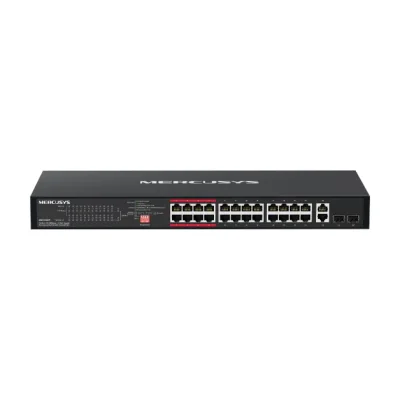 24-Port 10/100Mbps + 2-Port Gigabit Rackmount Switch with 24-Port PoE+ PORT: 24× 10/100Mbps PoE+ Ports,  2× Gigabit Non-PoE Ports, 2× Combo Gigabit SFP Slots SPEC: Compatible with 802.3af/at PDs, 293 W PoE Power, 1U 19-Inch Rackmountable Steel Case F