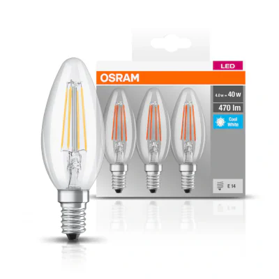 3 Becuri LED Osram Base Classic B, E14, 4W (40W), 470 lm, luminaneutra(4000K), cu filament