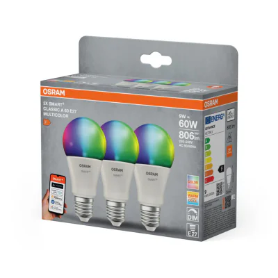 3 Becuri LED RGB inteligente Osram SMART+ Matter over WiFi Classic Multicolour A ,E27, 9W (60W), 806 lm, lumina alba si color (2700-6500K)