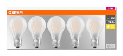 5 Becuri LED Osram Base Classic A, E27, 7W (60W), 806 lm, luminacalda(2700K), semi-transparent