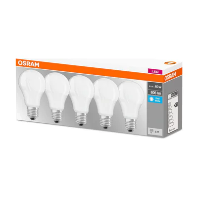 5 Becuri LED Osram Base Classic A, E27, 8.5W (60W), 806 lm, luminaneutra(4000K)
