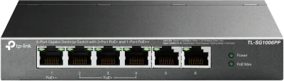 "6-Port Gigabit Desktop Switch with 3-Port PoE+ and 1-Port PoE++ PORT: 1× Gigabit PoE++ Port, 3× Gigabit PoE+ Ports, 2x Gigabit Non-PoE Ports SPEC: 802.3af/at/bt type3, 64 W PoE Power,  Desktop Steel Case FEATURE: Extend Mode for 250m PoE Transmittin