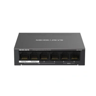 6-Port Gigabit Desktop Switch with 4-Port PoE+ PORT: 4× Gigabit PoE+ Ports, 2× Gigabit Non-PoE Ports SPEC: Compatible with 802.3af/at PDs, 65 W PoE Power, Desktop Steel Case, Wall Mounting FEATURE: Extend Mode for 250m PoE Transmitting, Priority Port