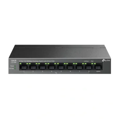 "9-Port 10/100 Mbps Desktop Switch with 8-Port PoE+ PORT: 8× 10/100 Mbps PoE+ Ports, 1× 10/100 Mbps Non-PoE Port SPEC: 802.3at/af, 63 W PoE Power, Desktop Steel Case FEATURE: Extend Mode for 250m PoE Transmitting, Isolation Mode, PoE Auto Recovery, P