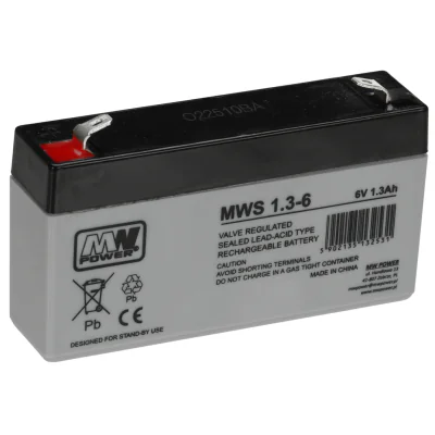 Acumulator AGM 1.3Ah 6V seria MW Power,MWS1.3-6,terminal de conexiune F1, dimensiuni 97x24x10 mm, greutate 0,45 kg