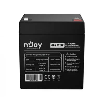 Acumulator nJoy GP4.5121F 12V Capacitate 14,95W/cell evaluat la 1.65V/cell @ 15 min, Tensiune 12V, Tip VRLA, Caracteristici Sigilata complet si fara intretinere, Peste 260 de cicluri la 100% DOD, Utilizare standard 3-5 ani, Auto-descarcare redusa, Co