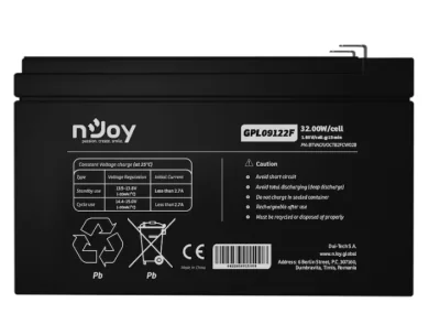 Acumulator nJoy GPL09122F 12V 30.55W/cell, Capacitate 32.00W/cell evaluat la 10V15 min, Tensiune 12V, Tip VRLA - fara mentenanta, Caracteristici: Sigilata complet si fara intretinere, Pana la 500 de cicluri la 100% DOD, Utilizare standard 9 ani, Auto