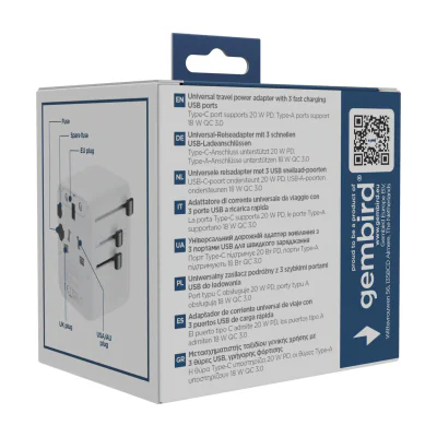 ADAPTOR GEMBIRD, universal, conectori: US/UK/EU/AU, 2x USB Type-C PD 20W, 1x USB-A QC 18W, siguranta 10A, max. 2500W, alb, "TPA-1A2C20-01-W"