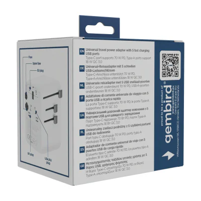 ADAPTOR GEMBIRD, universal, conectori: US/UK/EU/AU, 2x USB Type-C PD 70W, 2x USB-A 15W, siguranta 10A, max. 2500W, alb, "TPA-2A3C70-01-W"
