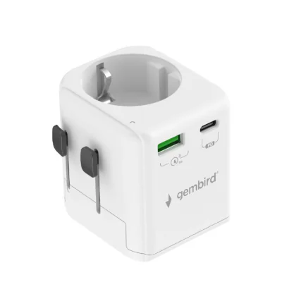 ADAPTOR GEMBIRD, universal, EU la conectori: US/UK/CN/AU, cu impamantare, 1x Schuko, 1x USB Type-C PD 20W, 1x USB-A QC 18W, siguranta 10A, max. 2500W, alb, "TPA-EU1A1C20-01-W"