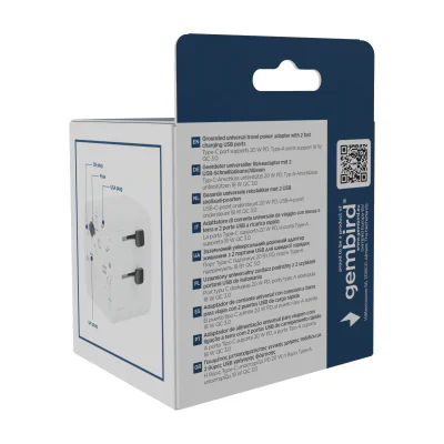 ADAPTOR GEMBIRD, universal, EU la conectori: US/UK/CN/AU, cu impamantare, 1x Schuko, 1x USB Type-C PD 20W, 1x USB-A QC 18W, siguranta 10A, max. 2500W, alb, "TPA-EU1A1C20-01-W"