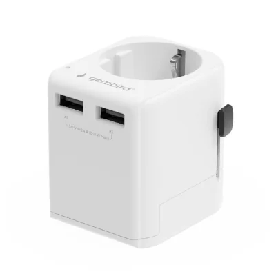 ADAPTOR GEMBIRD, universal, EU la conectori: US/UK/CN/AU, cu impamantare, 1x Schuko, 2x USB-A 12W, siguranta 10A, max. 2500W, alb, "TPA-EU2A12-01-W"