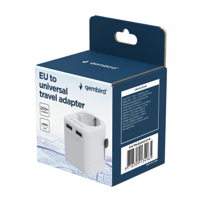 ADAPTOR GEMBIRD, universal, EU la conectori: US/UK/CN/AU, cu impamantare, 1x Schuko, 2x USB-A 12W, siguranta 10A, max. 2500W, alb, "TPA-EU2A12-01-W"