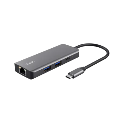 Adaptor Trust Dalyx 6-1, 4 porturi USB, material rABS (ABS Copolymer) 98%, HDMI V 2.0 (3840*2160@60Hz, 1080P@120HZ, Giga Lan (1Gbps, gri
